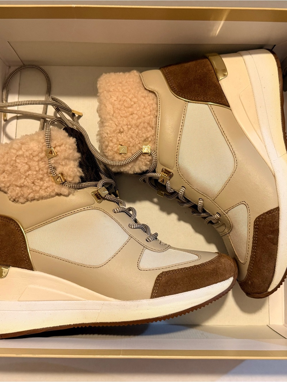 Michael kors liv booties Womens Beige Shearling Trim Wedge Sneaker Boots